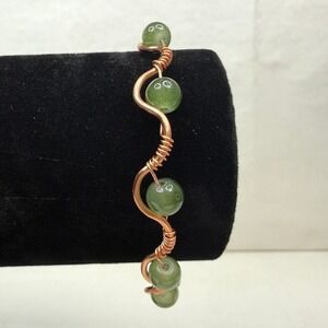 Artisan Copper Wire Green Aventurine Jade Bead Wrapped Bangle Bracelet Jewelry 7